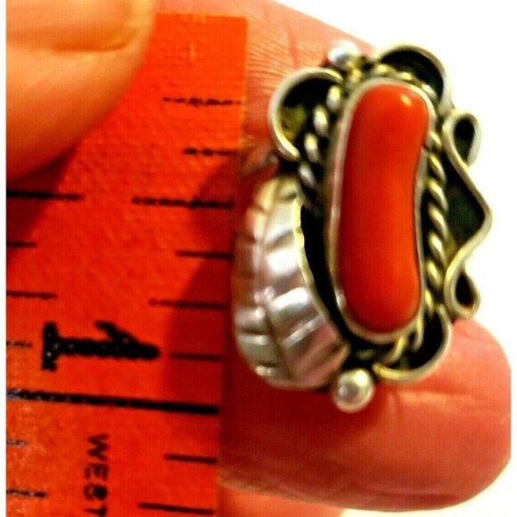 Navajo Signed Coral Sterling Silver Ring sz 5.5 - Picture 4 of 4